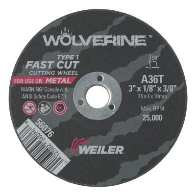 Weiler® Wolverine® Flat Type 1 Cutting Wheel, 3 in Dia, 1/8 in Thick, 3/8 Arbor, 36 Grit, 56076