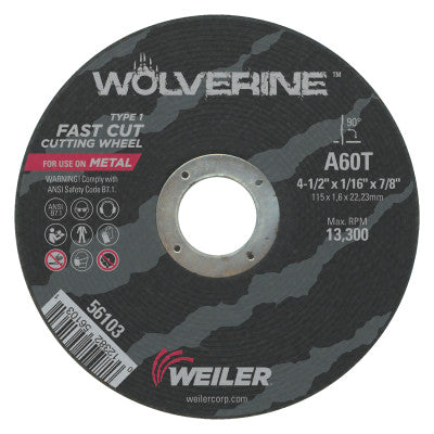 Weiler® Wolverine™ Flat Type 1 Cutting Wheel, 2 in Dia, 60 Grit, Aluminum Oxide, 56128