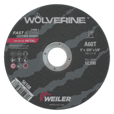 Weiler® Wolverine™ Flat Type 1 Cutting Wheel, 5 in Dia, .035 Thick, 5/8 Arbor, 60 Grit, 56108
