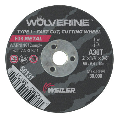 Weiler® Portable Snagging Wheel, 2 in Dia, 1/4 in Thick, 36 Grit Alum. Oxide, 56131