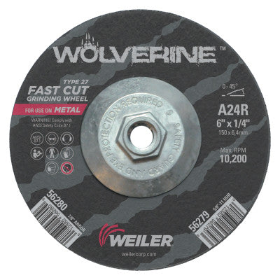 Weiler® Wolverine Thin Cutting Wheels, 6 in Dia, 1/4 Thick, 5/8 Arbor, 24 Grit, 56279