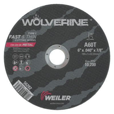 Weiler® Large Type 1 Reinforced Wheel, 6 in Dia, .04 in Thick, 60 Grit Aluminum Oxide, 56282