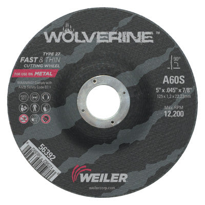 Weiler® Wolverine™ Thin Cutting Wheel, 5 in Diameter, .045 in Thick, 7/8 Arbor, 60 Grit, 56392