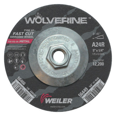 Weiler® Wolverine Grinding Wheels, 5 in Dia, 1/4 in Thick, 5/8 in Arbor, 24 Grit, R, 56449