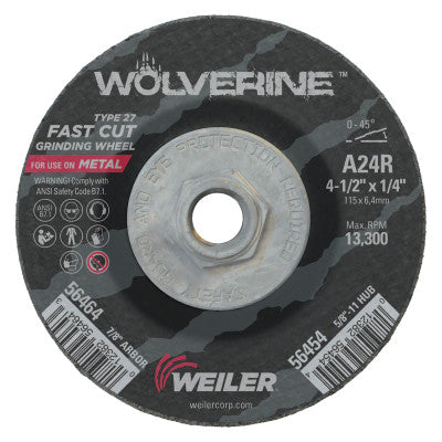 Weiler® Wolverine Grinding Wheels, 4 1/2 in Dia, 1/4 in Thick, 5/8 in - 11, 24 Grit, R, 56454