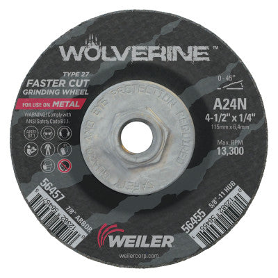 Weiler® Wolverine Grinding Wheels, 4 1/2 in Dia, 1/4 in Thick, 5/8 in Arbor, 24 Grit, N, 56455
