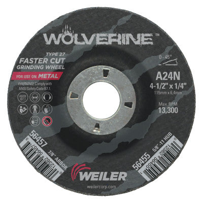 Weiler® Wolverine Grinding Wheels, 4 1/2 in Dia, 1/4 in Thick, 7/8 in Arbor, 24 Grit, N, 56457