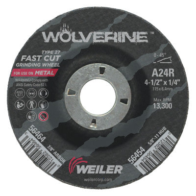 Weiler® Wolverine Grinding Wheels, 4 1/2 in Dia, 1/4 in Thick, 7/8 in Arbor, 24 Grit, R, 56464