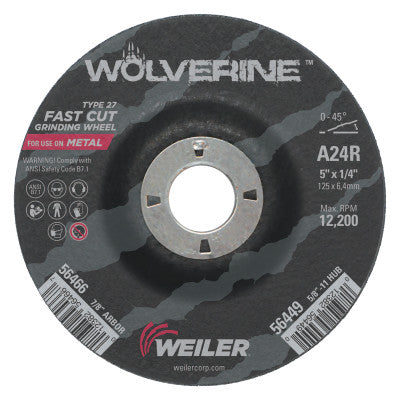 Weiler® Wolverine Grinding Wheels, 5" Dia, 1/4" Thick, 7/8 Arbor, 24R, Aluminum Oxide, 56466