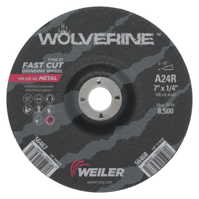 Weiler® Wolverine Grinding Wheels, 7 in Dia, 1/4 in Thick, 7/8 in Arbor, 24 Grit, R, 56467