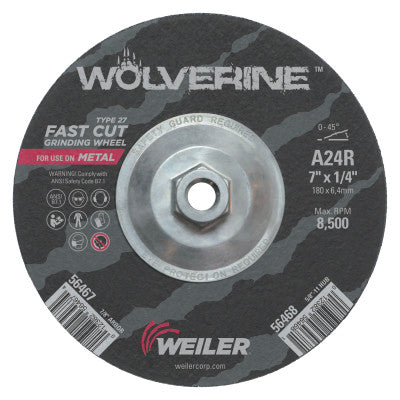 Weiler® Wolverine Grinding Wheels, 7 in Dia, 1/4 in Thick, 5/8 in - 11 Arbor, 24 Grit, R, 56468