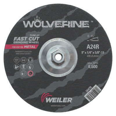 Weiler® Wolverine Grinding Wheels, 9 in Dia, 1/4 in Thick, 5/8 in Arbor, 24 Grit, R, 56470