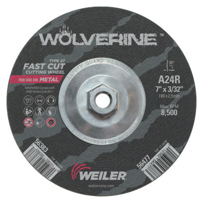 Weiler® Wolverine Grinding Wheels, 7 in Dia, 3/32 in Thick, 5/8 in Arbor, 24 Grit, T, 56477