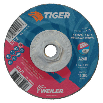 Weiler® Tiger Grinding Wheels, 4 1/2 in Dia, .025 in Thick 5/8"-11 Arbor, 57120