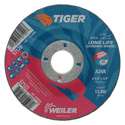 Weiler® Tiger Grinding Wheels, 4 1/2 in Dia, .045 in Thick, 7/8 in Arbor, 57121