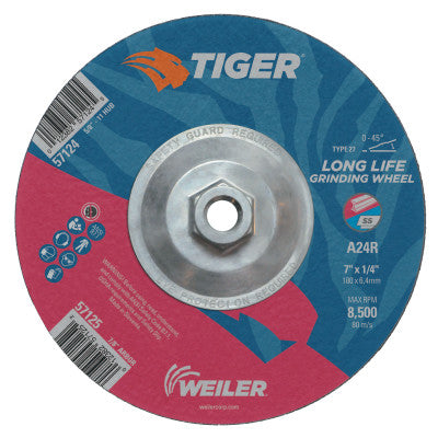Weiler® Tiger Grinding Wheels, 7 in Dia, .045 in Thick, 5/8"-11 Arbor, 57124