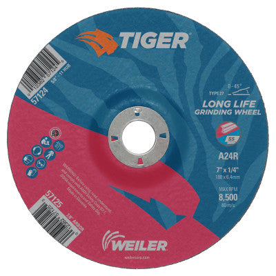 Weiler® Tiger®  AO Type 27 Grinding Wheel, 5 x 1/4 in, 7/8 in Arbor, A24R, 57123