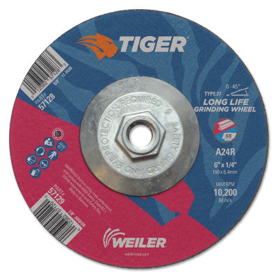 Weiler® Tiger Grinding Wheels, 6 in Dia., 1/4 in Thick, 24 Grit, Aluminum Oxide, 57128