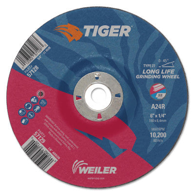 Weiler® Tiger Grinding Wheels, 6 in Dia., 1/4 in Thick, 7/8 in Arbor, 24 Grit, 57129