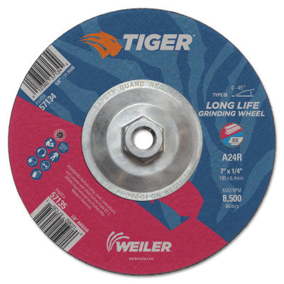 Weiler® Tiger Grinding Wheels, 7 in Dia., 1/4 in Thick, 24 Grit, Aluminum Oxide, 57134