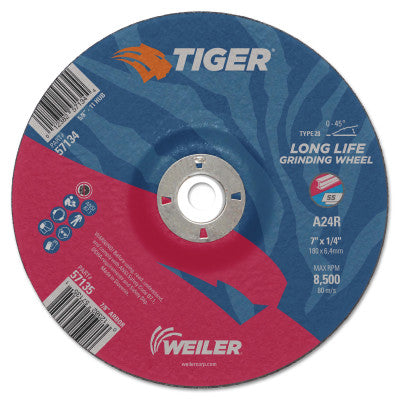 Weiler® Tiger Grinding Wheels, 7 in Dia., 1/4 in Thick, 7/8 in Arbor, 24 Grit, 57135