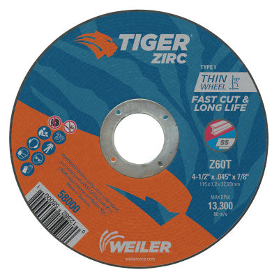 Weiler® Tiger® Zirc Thin Cutting Wheel, 4-1/2 in dia, 0.045 in Thick, 7/8 in Arbor, 60 Grit, Zirconia Alumina, Type 1, 58000