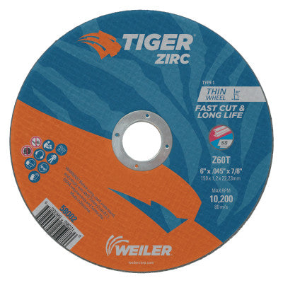 Weiler® Tiger® Zirc Thin Cutting Wheel, 6 in dia,  0.045 in Thick, 7/8 in Arbor, 60 Grit, Zirconia Alumina, Type 1, 58002