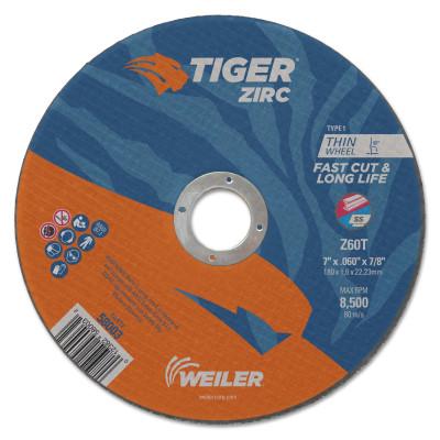 Weiler® Tiger® Zirc Thin Cutting Wheels, 7 in Dia., 0.060 in Thick, 7/8 in Arbor, 60 Grit, 58003