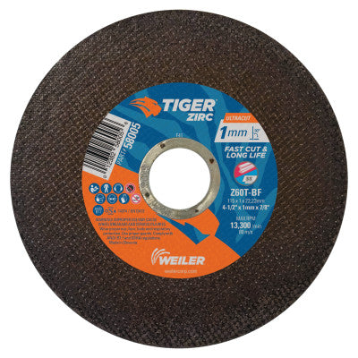 Weiler® Tiger® Zirc Thin Cutting Wheel, 5 in Diameter x .045 in, 7/8 in Arbor, 60 Grit, Zirconia Alumina, T Hardness, 58001