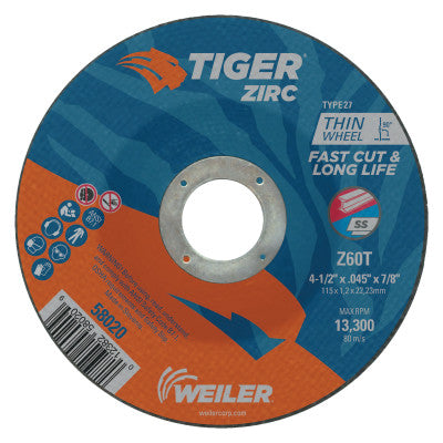 Weiler® Tiger® Zirc Thin Cutting Wheel, 4-1/2 in dia, 0.045 in Thick, 7/8 in Arbor, 24 Grit, Zirconia Alumina, Type 27, 58020