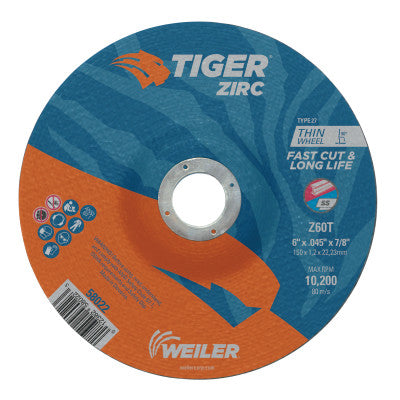 Weiler® Tiger® Zirc Thin Cutting Wheel, 6 in Dia, .045 Thick, 7/8 in Arbor, Grit 24, 58022
