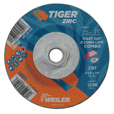 Weiler® Tiger Zirc Combo Wheels, 4 1/2 in Dia, 1/8 in Thick, 5/8 in-11 Arbor, 58050