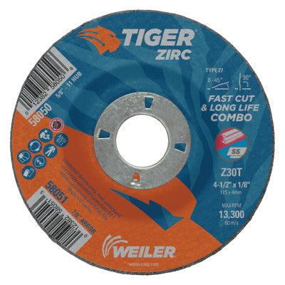 Weiler® Tiger® Zirc Combo Wheel, 4-1/2 in Dia, 1/8 in Thick, 7/8 in Arbor, 58051
