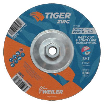 Weiler® Tiger Zirc Grinding Wheels, 7 in Dia, 1/4 in Thick, 5/8 in-11 Arbor, 58074