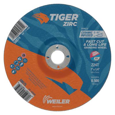Weiler® Tiger Zirc Grinding Wheels, 7 in Dia, 1/4 in Thick, 7/8 in Arbor, 58075