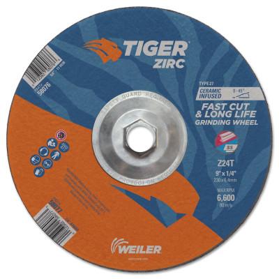Weiler® Tiger Zirc Grinding Wheels, Type 27, 9 in Dia., 1/4 in Thick, 24 Grit, Zirconium, 58076
