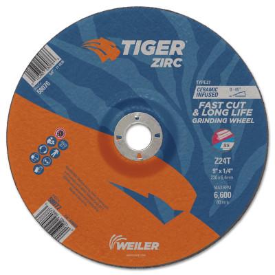 Weiler® Tiger Zirc Grinding Wheels, Type 27, 9" Dia., 1/4" Thick, 7/8" Arbor, 24 Grit, 58077