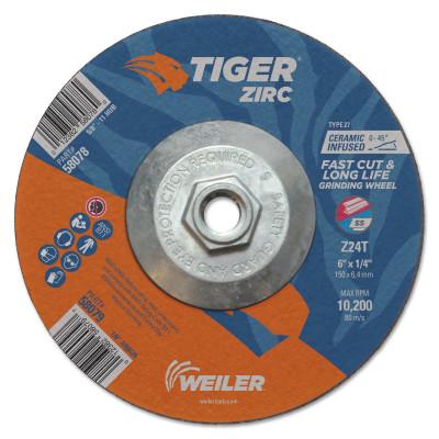 Weiler® Tiger Zirc Grinding Wheels, 6 in Dia., 1/4 in Thick, 24 Grit, Zirconium, 58078
