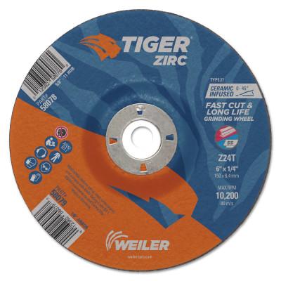Weiler® Tiger Zirc Grinding Wheels, 6 in Dia., 1/4 in Thick, 7/8 in Arbor, 24 Grit, 58079
