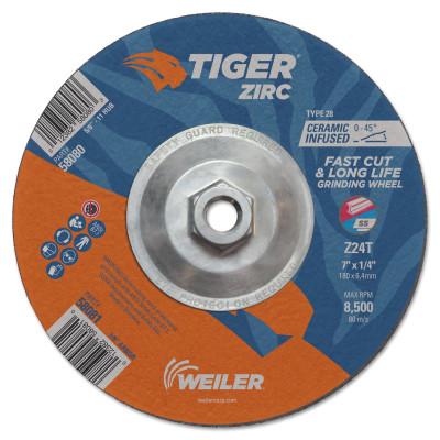 Weiler® Tiger Zirc Grinding Wheels, 7 in Dia., 1/4 in Thick, 24 Grit, Zirconium, 58080