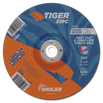 Weiler® Tiger Zirc Grinding Wheels, 7 in Dia., 1/4 in Thick, 7/8 in Arbor, 24 Grit, 58081