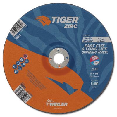 Weiler® Tiger Zirc Grinding Wheels, Type 28, 9" Dia., 1/4" Thick, 7/8" Arbor, 24 Grit, 58083