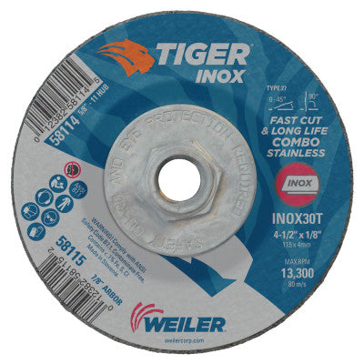 Weiler® Tiger Inox Combo Wheels, 4.5 in Dia, 1/4 in Thick, 7/8 in Arbor, 58114