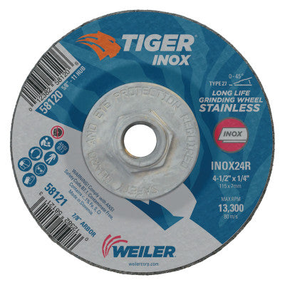 Weiler® Tiger® Inox Grinding Wheel, 4-1/2 in Dia, 1/4 in Thick, 5/8 in-11 Arbor, 58120