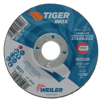 Weiler® Tiger® Inox Grinding Wheel, 4-1/2 in Dia, 1/4 in Thick, 7/8 in Arbor, 58121