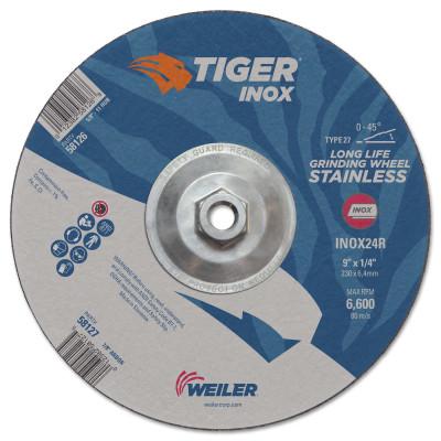 Weiler® Tiger Inox Grinding Wheels, 9 in Dia., 1/4 in Thick, 24 Grit, Aluminum Oxide, 58126