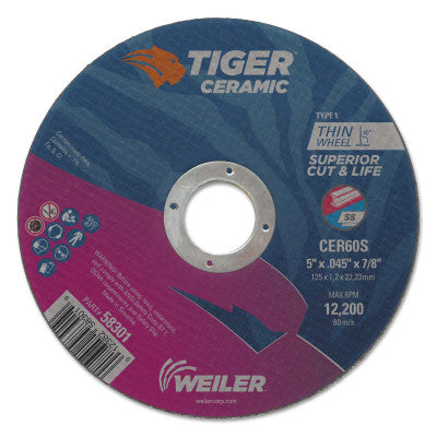 Weiler® Tiger Ceramic Cutting Wheels, Type 27, 4 in Dia., 1/16 in Thick, 1/4 in Arbor, 58351
