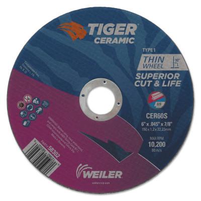 Weiler® Tiger Ceramic Cutting Wheels, 6 in Dia, 0.045in Thick, 24/bx, 58302