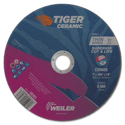 Weiler® Tiger Ceramic Cutting Wheels, Type 1, 7 in Dia., 0.06 in Thick, 7/8 in Arbor, 58303