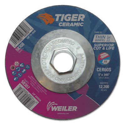 Weiler® Tiger Ceramic Cutting Wheels, 5" Dia., 0.045" Thick, 60 Grit, Ceramic Alumina, 58308
